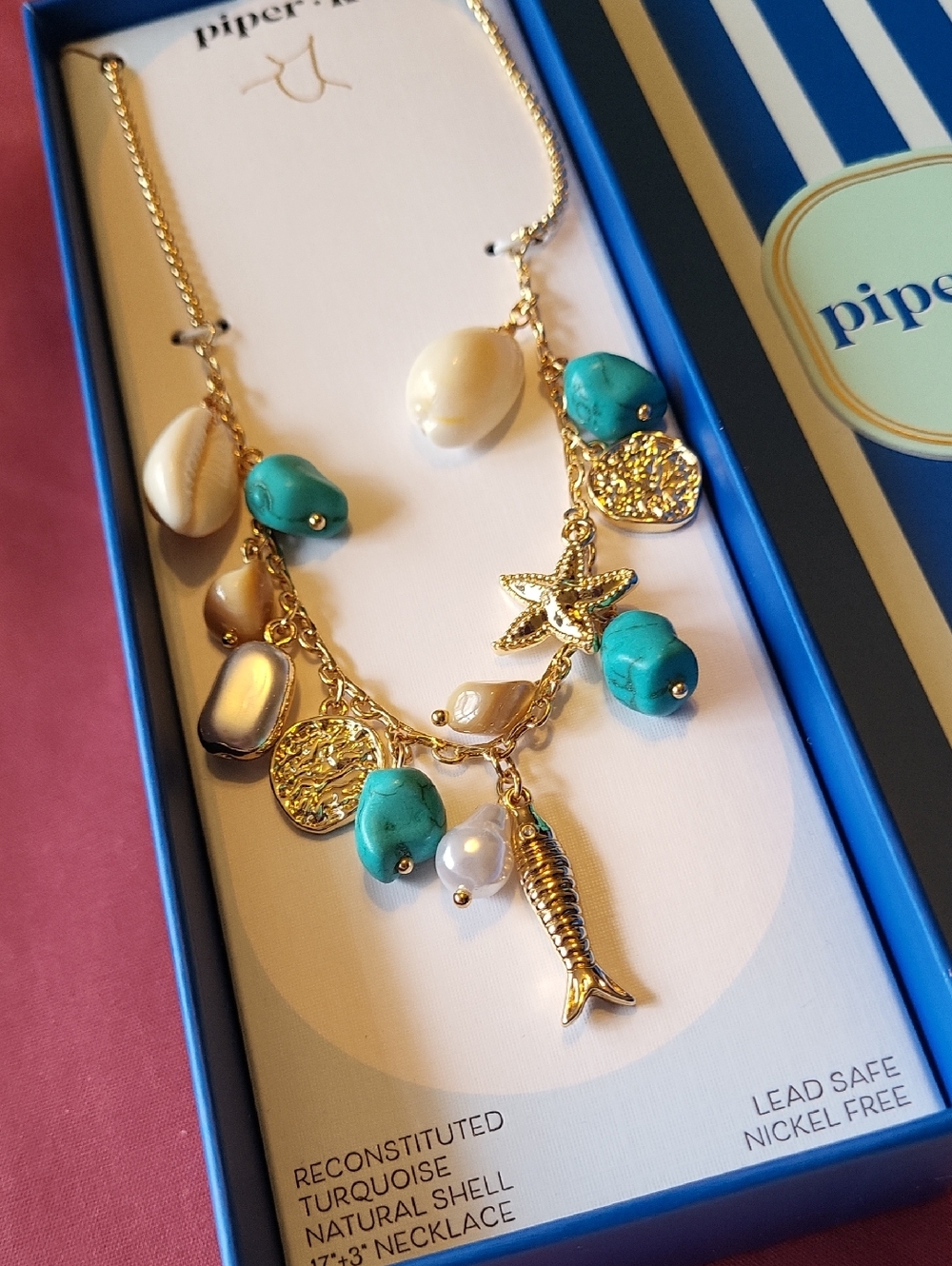 Piper K Gold Chain Necklace with Turquoise, Cream & Pearl Charms BNIB